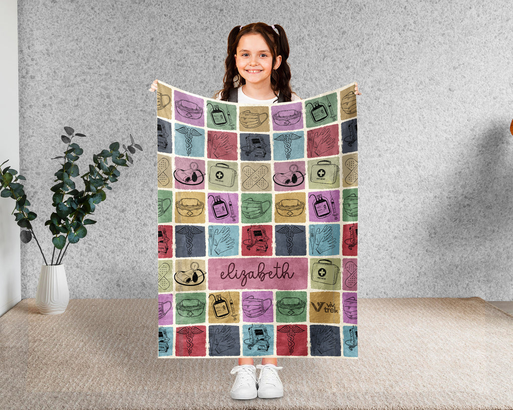 Retro Custom Name Nurse Blanket Personalized Cozy RN Throw Gift, Cute Nursing Graphic Blanket, Medical Worker Appreciation Gift