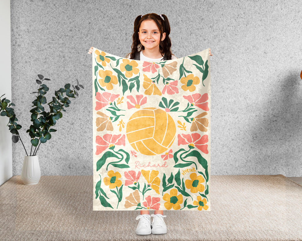 Custom Name Floral Volleyball Blanket, Sports Throw, Cozy Funny Volleyball Gift for Players and Fans Room Decor
