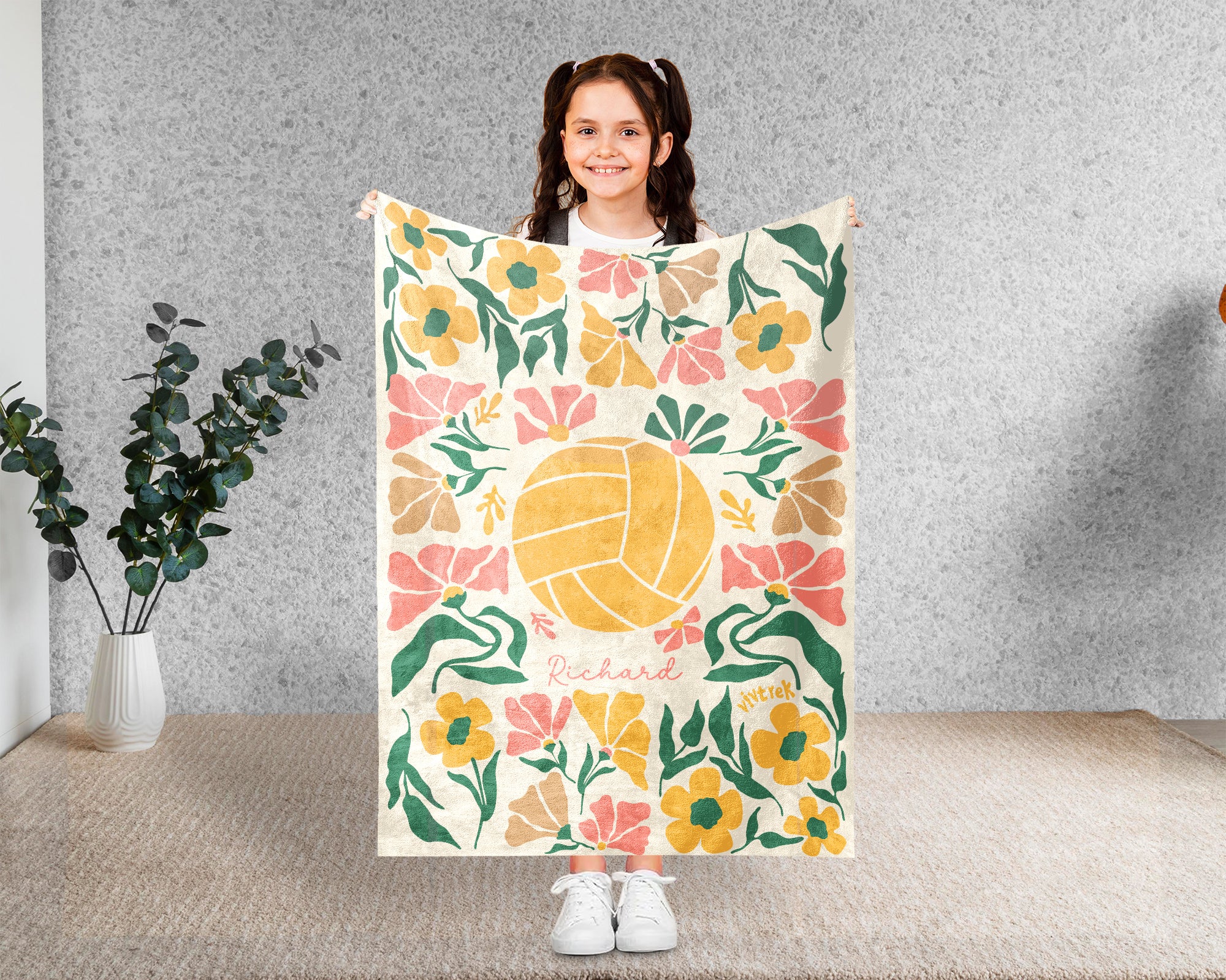Custom Name Floral Volleyball Blanket, Sports Throw, Cozy Funny Volleyball Gift for Players and Fans Room Decor