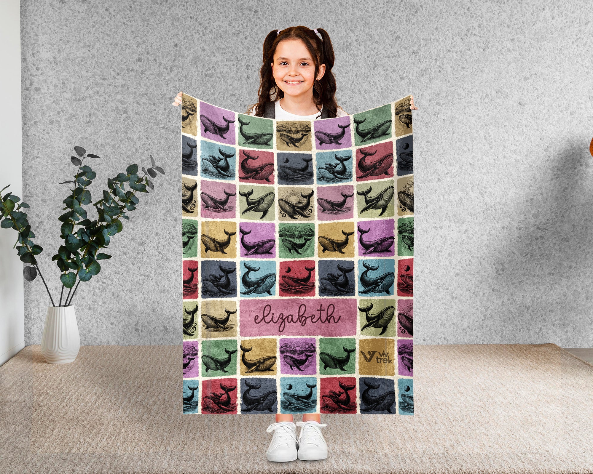 Custom Whale Blanket Personalized Name Ocean Throw Cozy Sea Life Decor Nautical Gift Coastal Home Accent Marine Animal Design