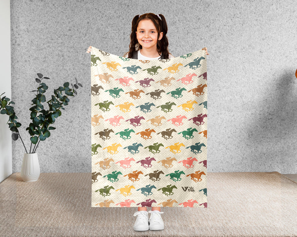 Retro Horse Racing Blanket Cozy Equestrian Throw Race Day Decor Soft Graphic Gift for Jockey Fans and Riders