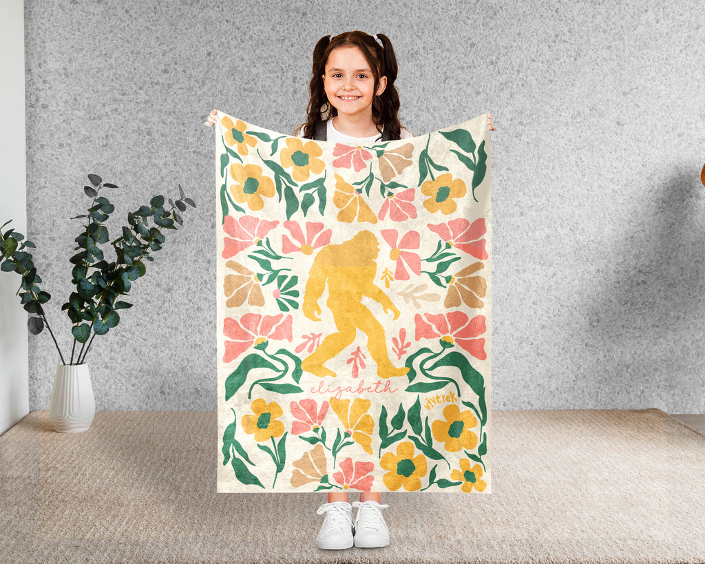 Custom Name Floral Bigfoot Blanket, Cozy Sasquatch Throw Gift for Fans