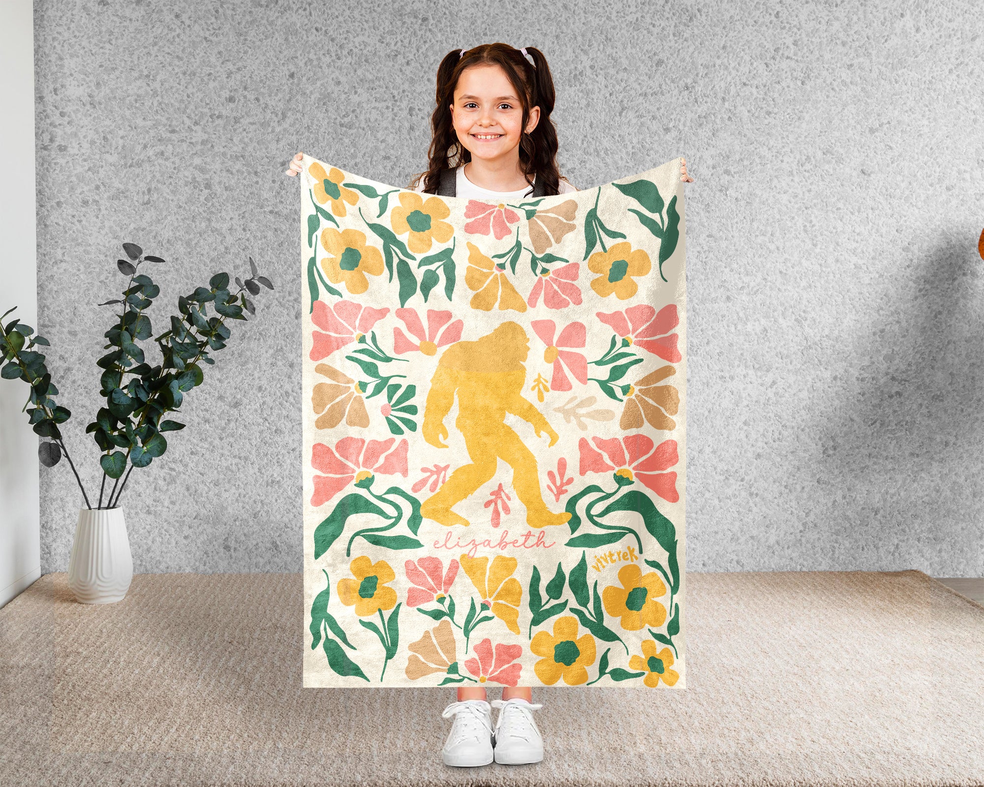Custom Name Floral Bigfoot Blanket, Cozy Sasquatch Throw Gift for Fans