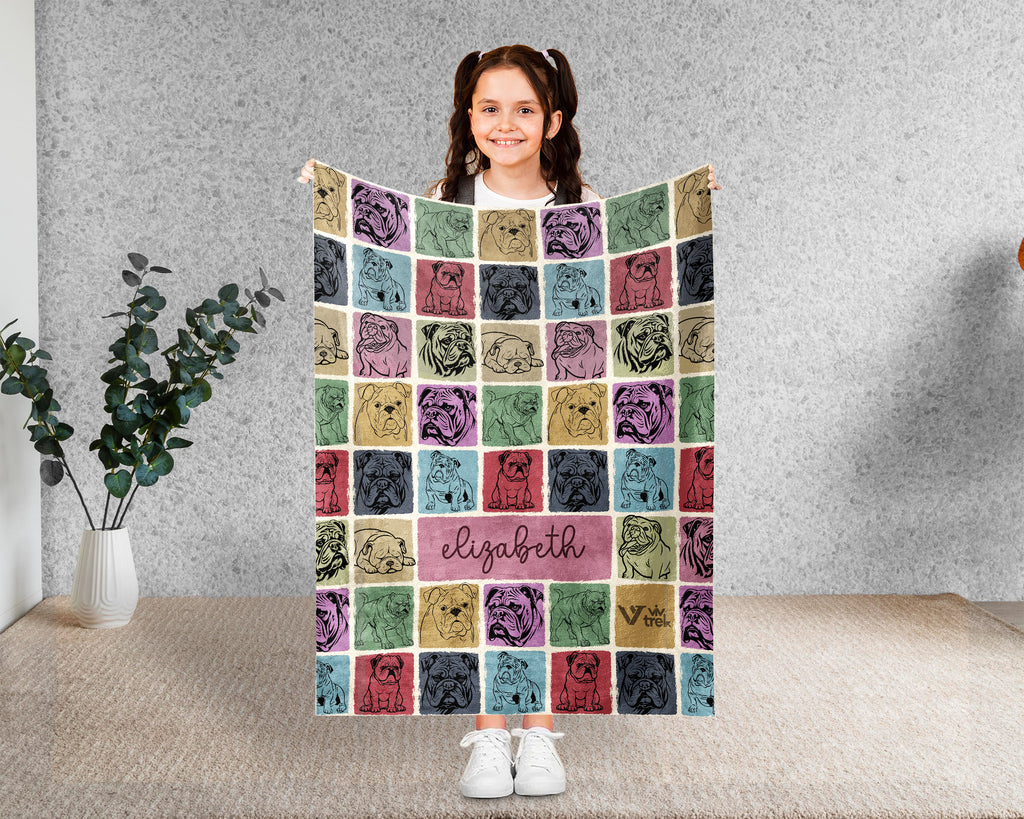 Personalized Bulldog Lover Blanket – Custom Name Vintage Dog Throw