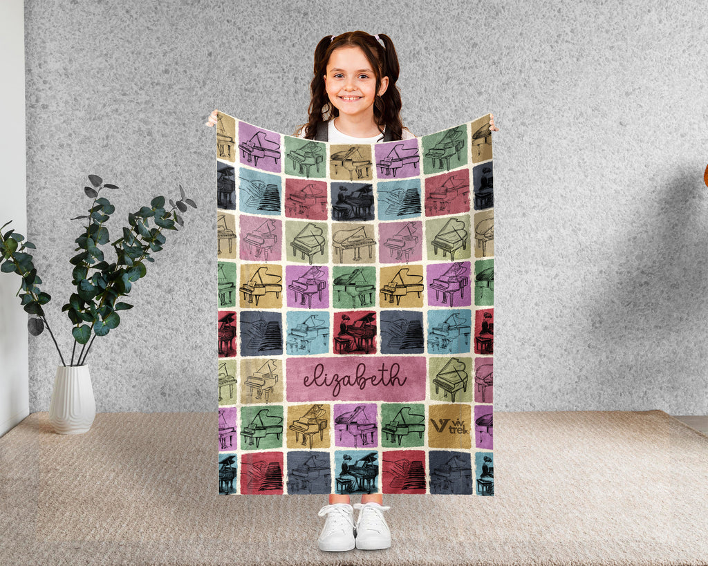 Custom Piano Blanket Personalized Name Vintage Grand Music Lover Retro Pianist Throw Cozy Classical Music Gift Home Accent