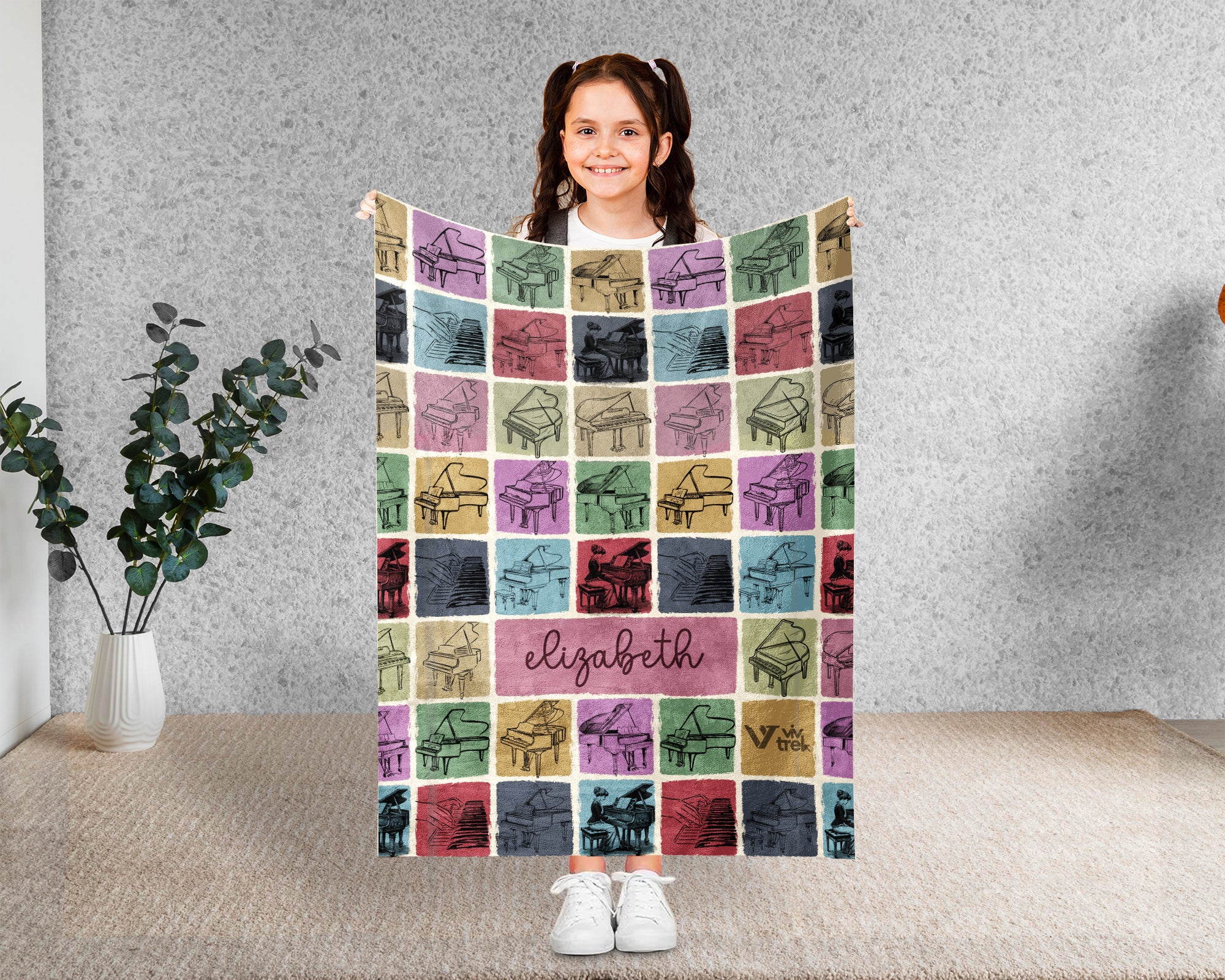 Custom Piano Blanket Personalized Name Vintage Grand Music Lover Retro Pianist Throw Cozy Classical Music Gift Home Accent