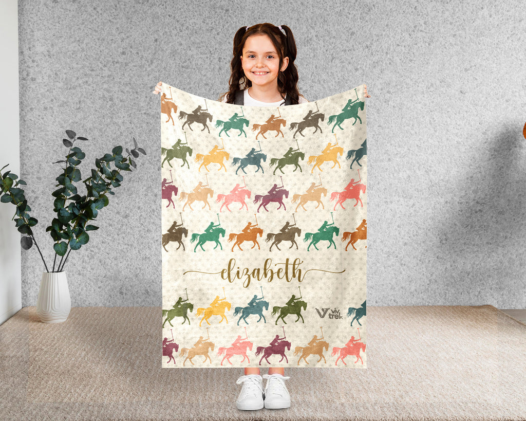 Custom Name Polo Blanket, Cozy Retro Equestrian Throw for Horse Enthusiasts