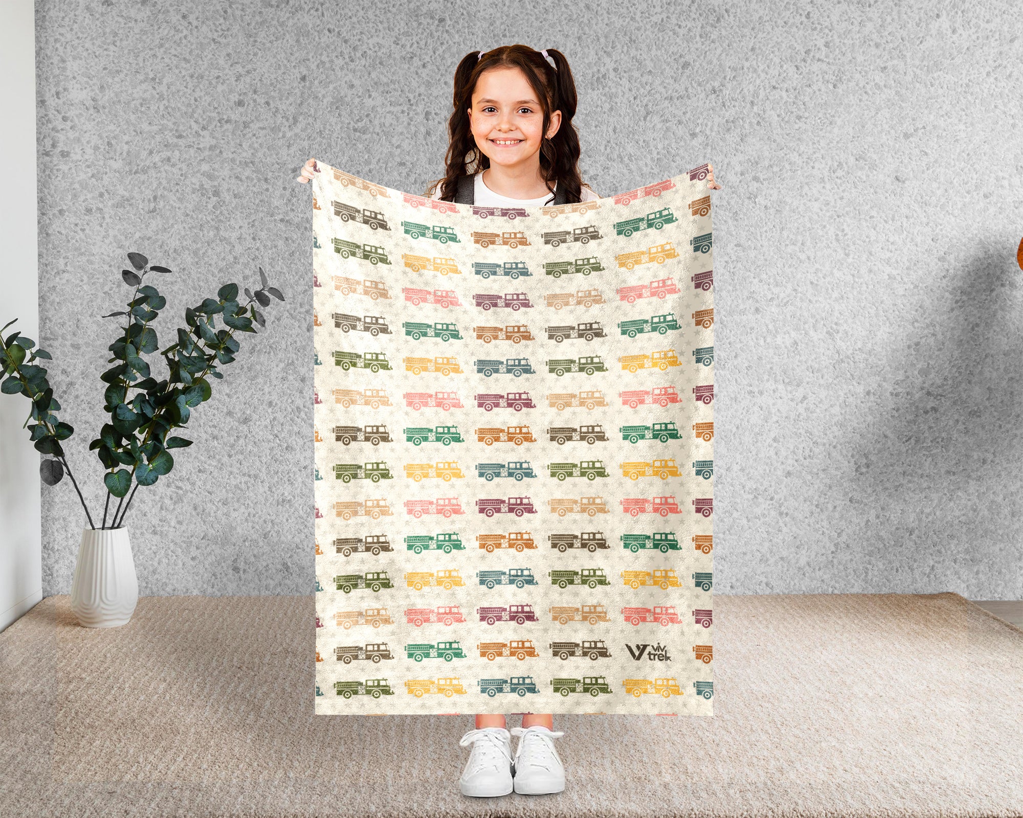 Retro Fire Truck Blanket – Cozy Kids Firefighter Throw Gift
