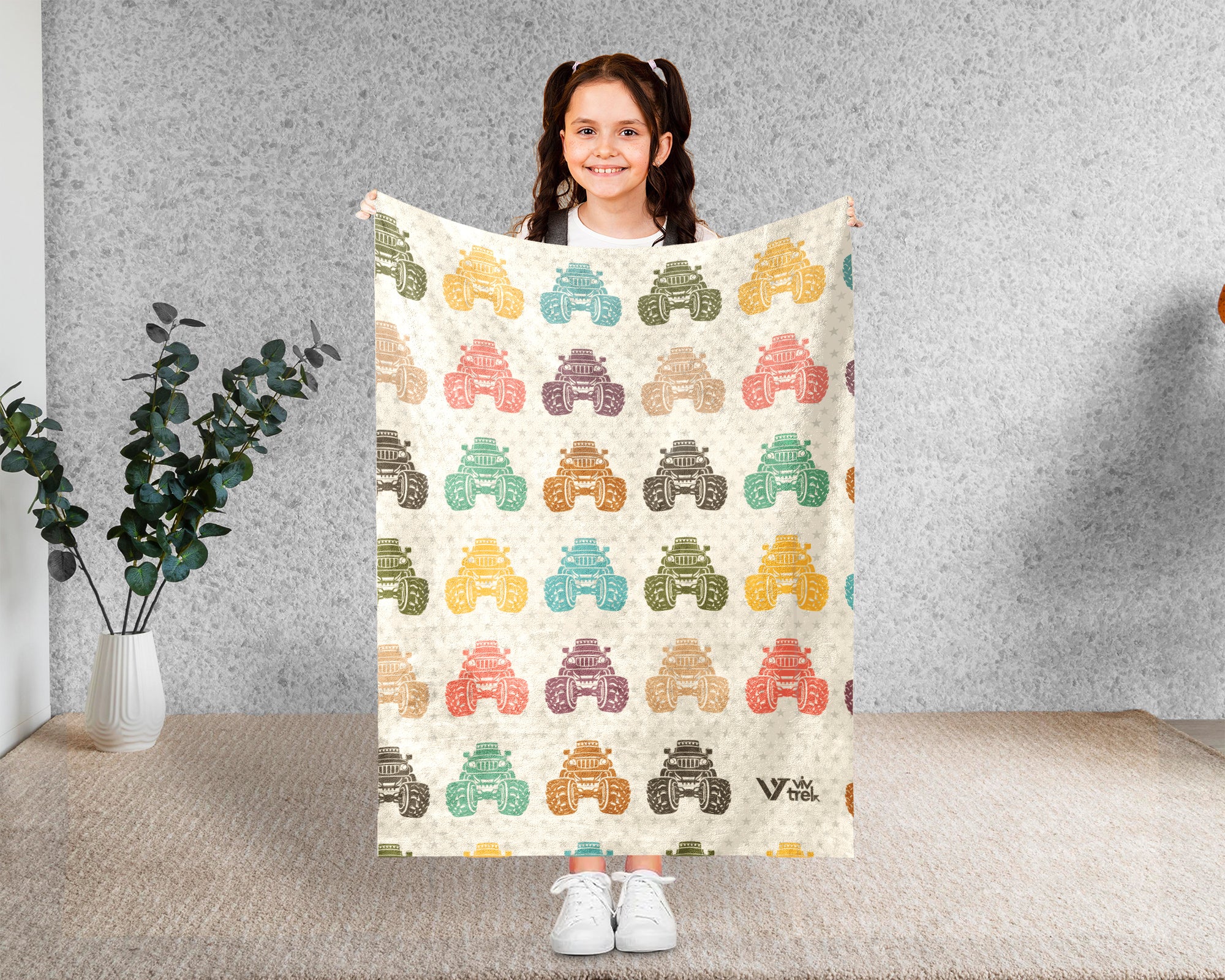 Kids Retro Monster Truck Blanket, Cozy Truck Lover Throw Gift