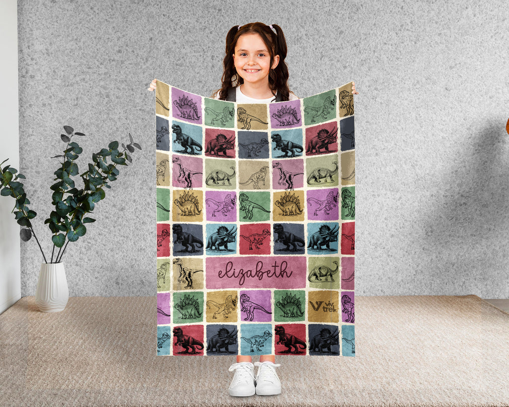 Custom Dinosaur Blanket Personalized Name Retro Dino Throw Cozy Prehistoric Animal Decor Unique Paleontology Gift Home Accent