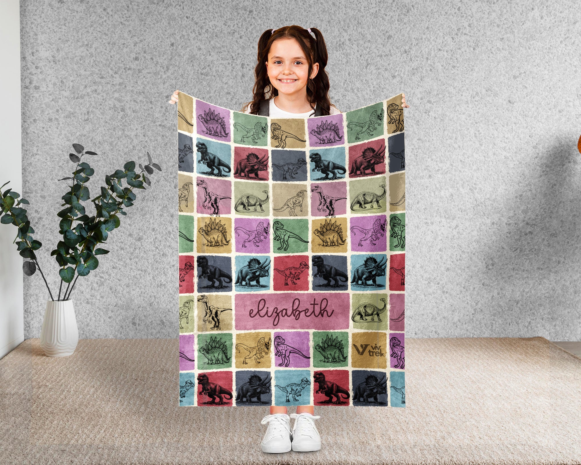 Custom Dinosaur Blanket Personalized Name Retro Dino Throw Cozy Prehistoric Animal Decor Unique Paleontology Gift Home Accent