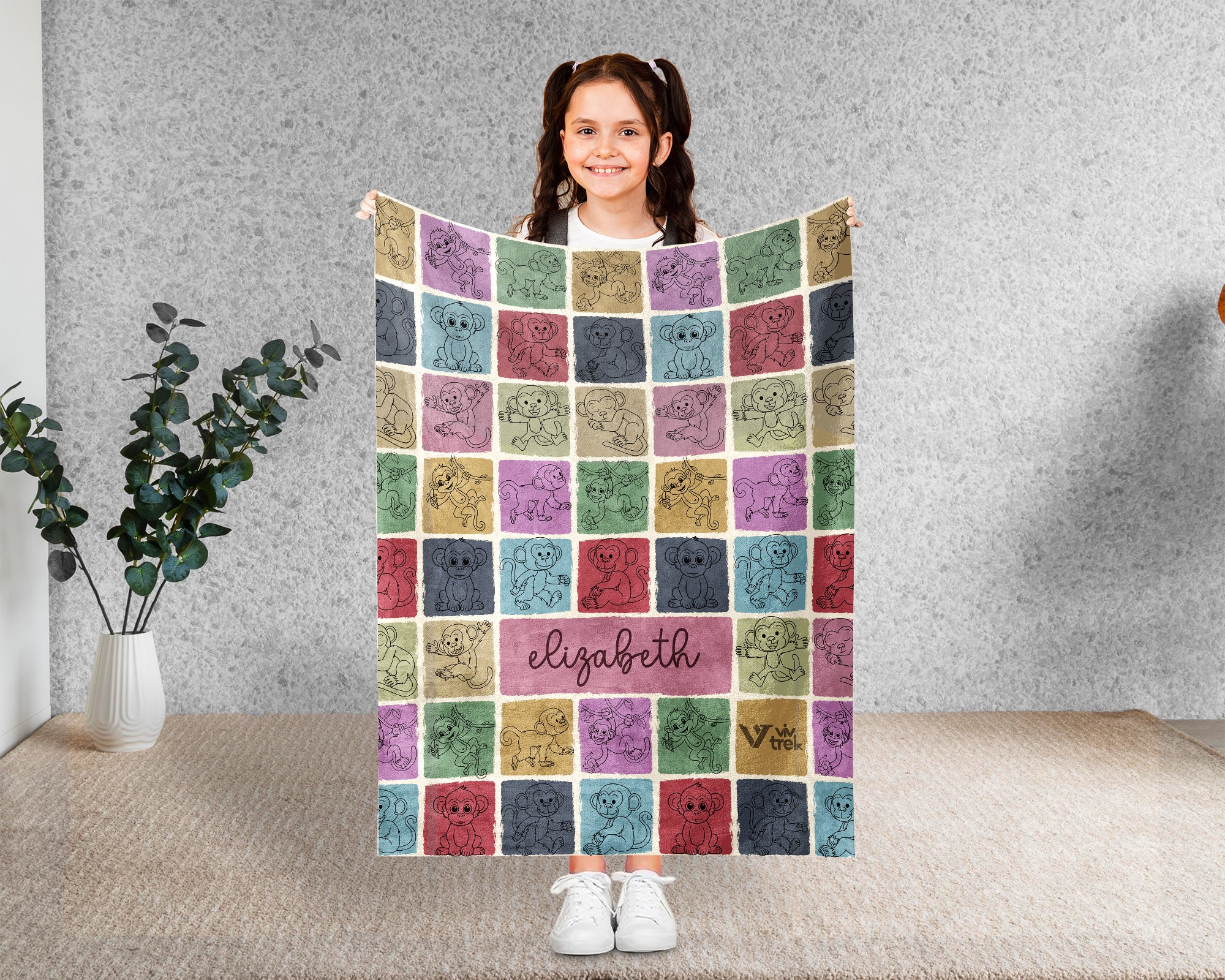 Personalized Monkey Blanket Custom Name Cozy Retro Animal Throw Gift