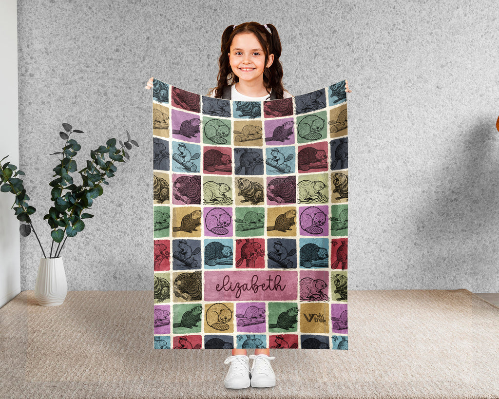 Custom Name Beaver Blanket – Personalized Woodland Animal Throw