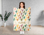 Personalized Velociraptor Dinosaur Blanket Custom Name Retro Dino Throw Cozy Jurassic Gift Paleontology Decor Blanket for Kids and Adults