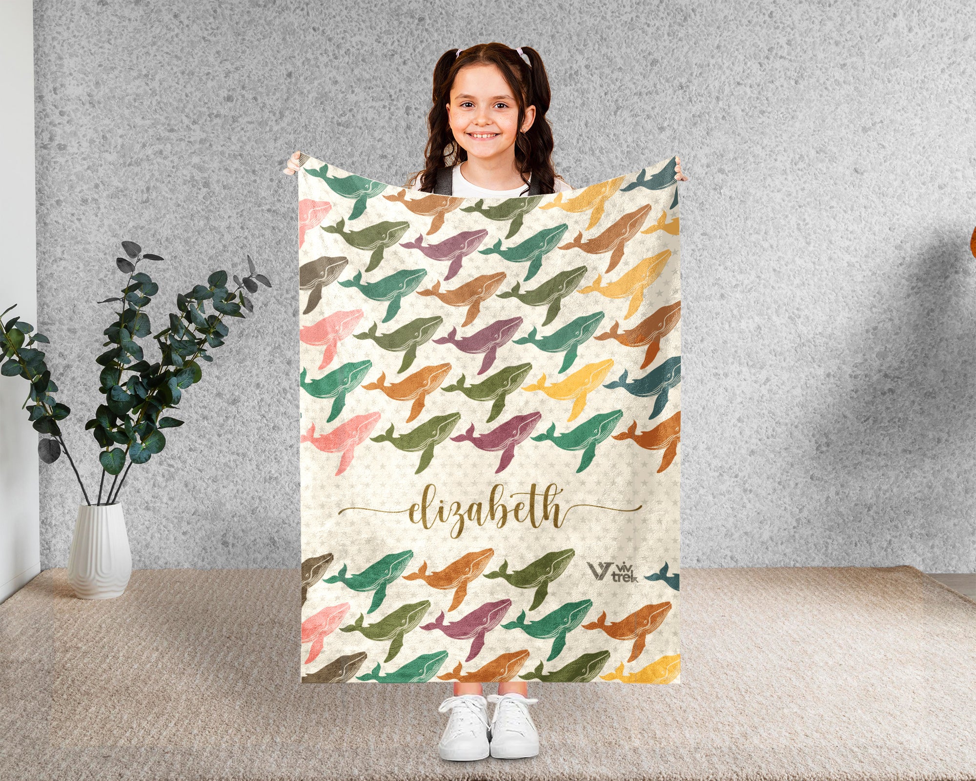 Personalized Whale Blanket Custom Name Ocean Lover Throw Retro Sea Life Decor Cozy Nautical Gift Unique Home Accent Idea