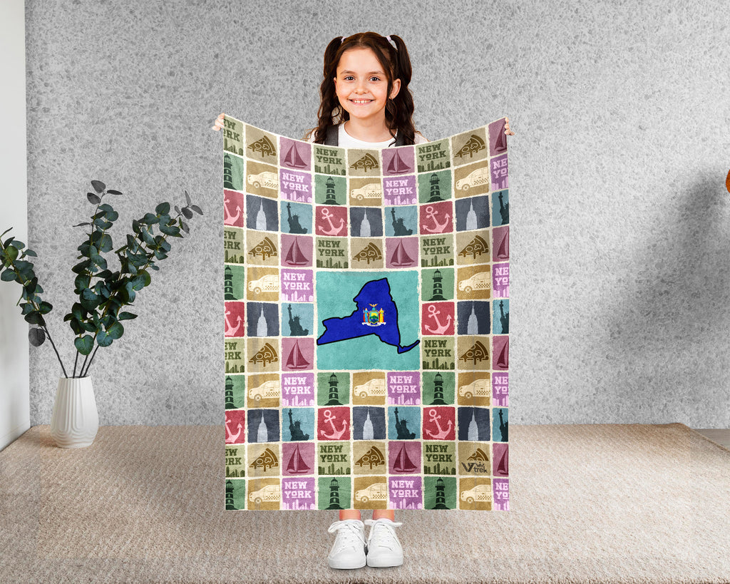Retro New York Blanket, 4th of July Cozy Patriotic Throw, Vintage NY Lover Fleece, Empire State Inspired American Home Gift