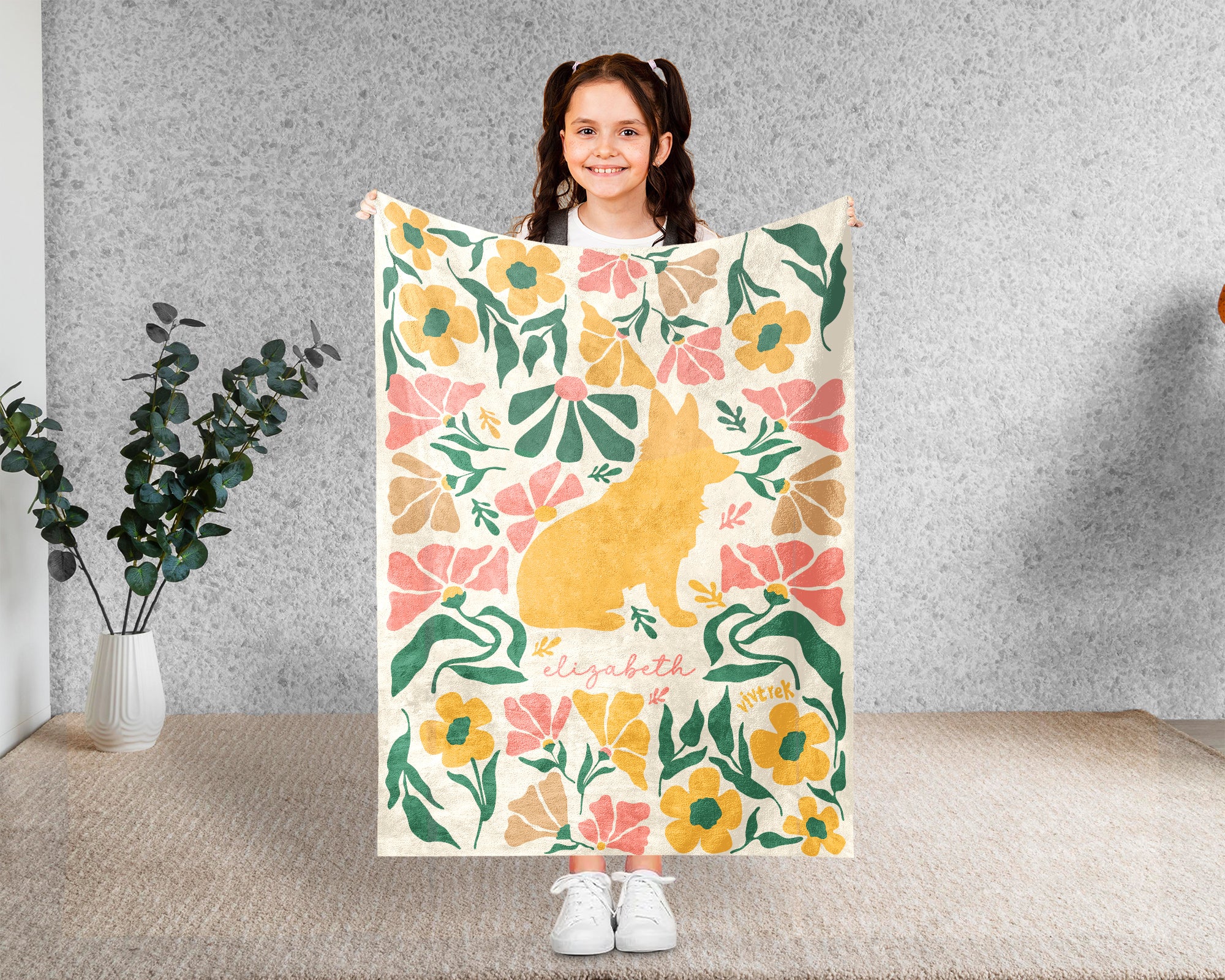 Personalized Name Floral Corgi Blanket, Cozy Dog Lover Throw for Home