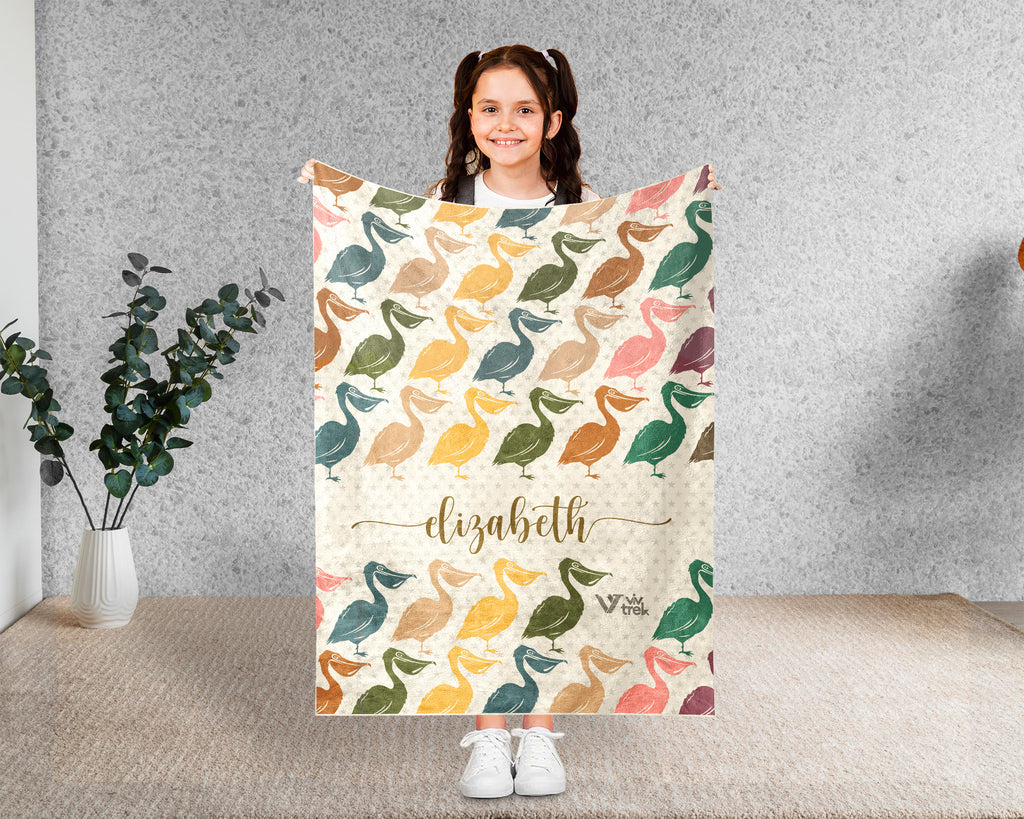 Custom Name Pelican Blanket, Cozy Retro Coastal Throw for Bird and Nature Lovers