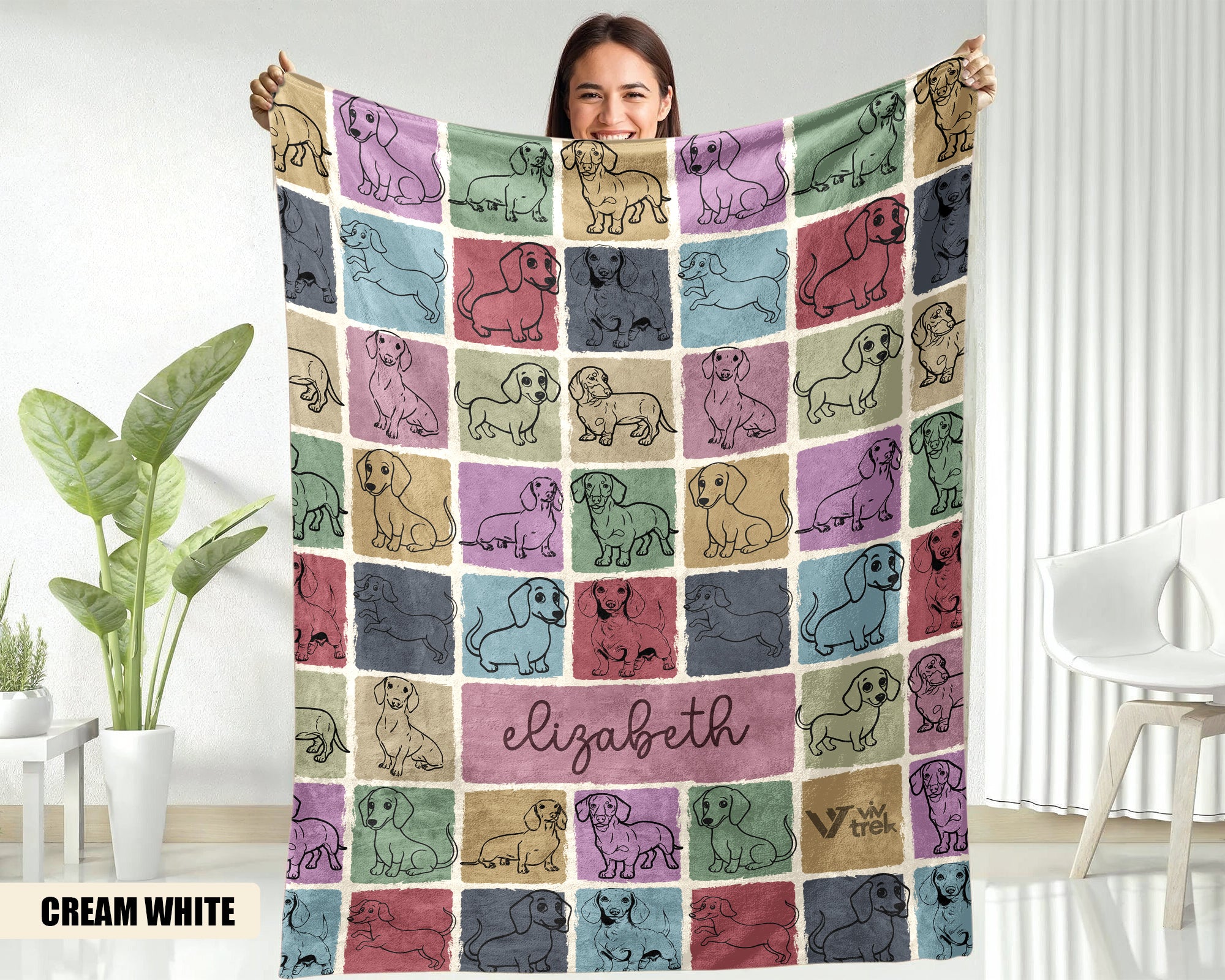 Custom Name Dachshund Blanket, Vintage Retro Dog Throw, Personalized Pet Gift