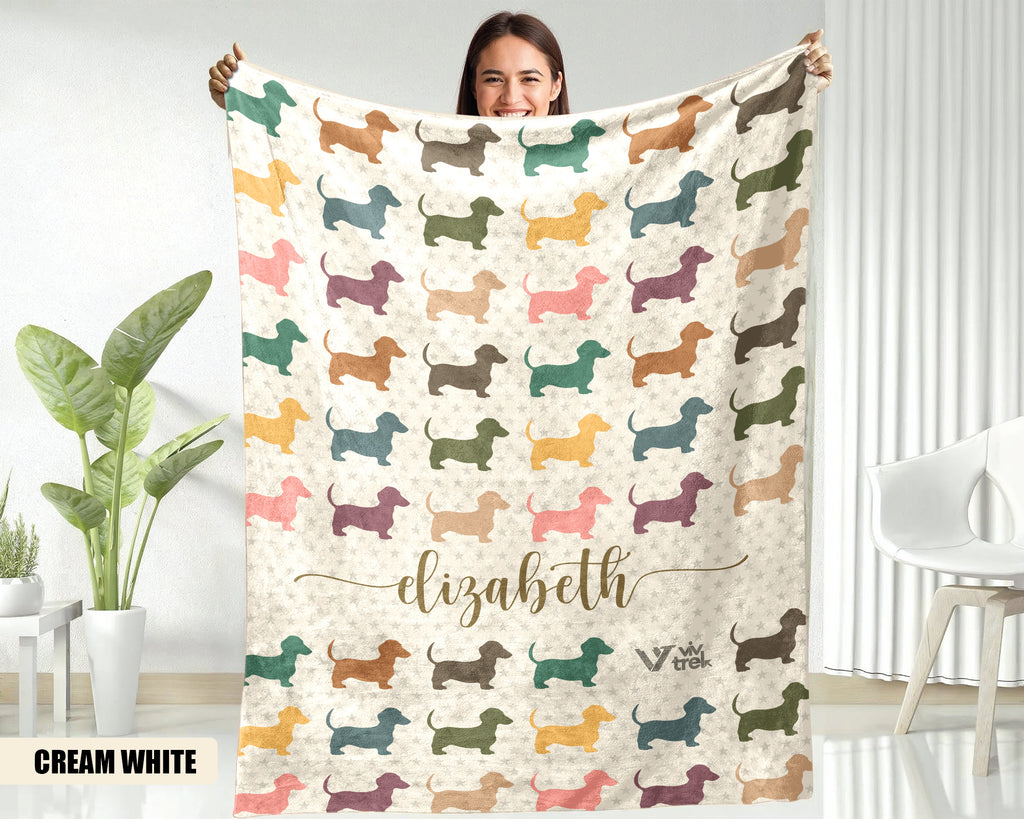Custom Name Dachshund Blanket, Retro Dog Lover Throw, Personalized Pet Gift