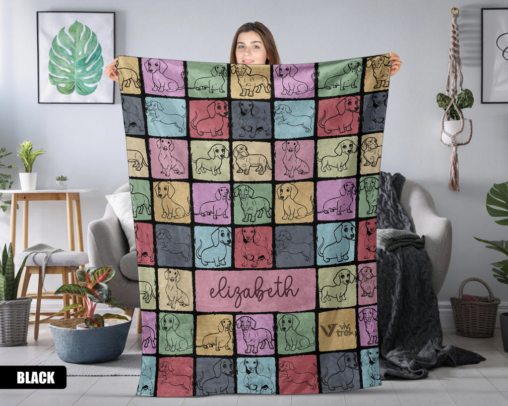Custom Name Dachshund Blanket, Vintage Retro Dog Throw, Personalized Pet Gift