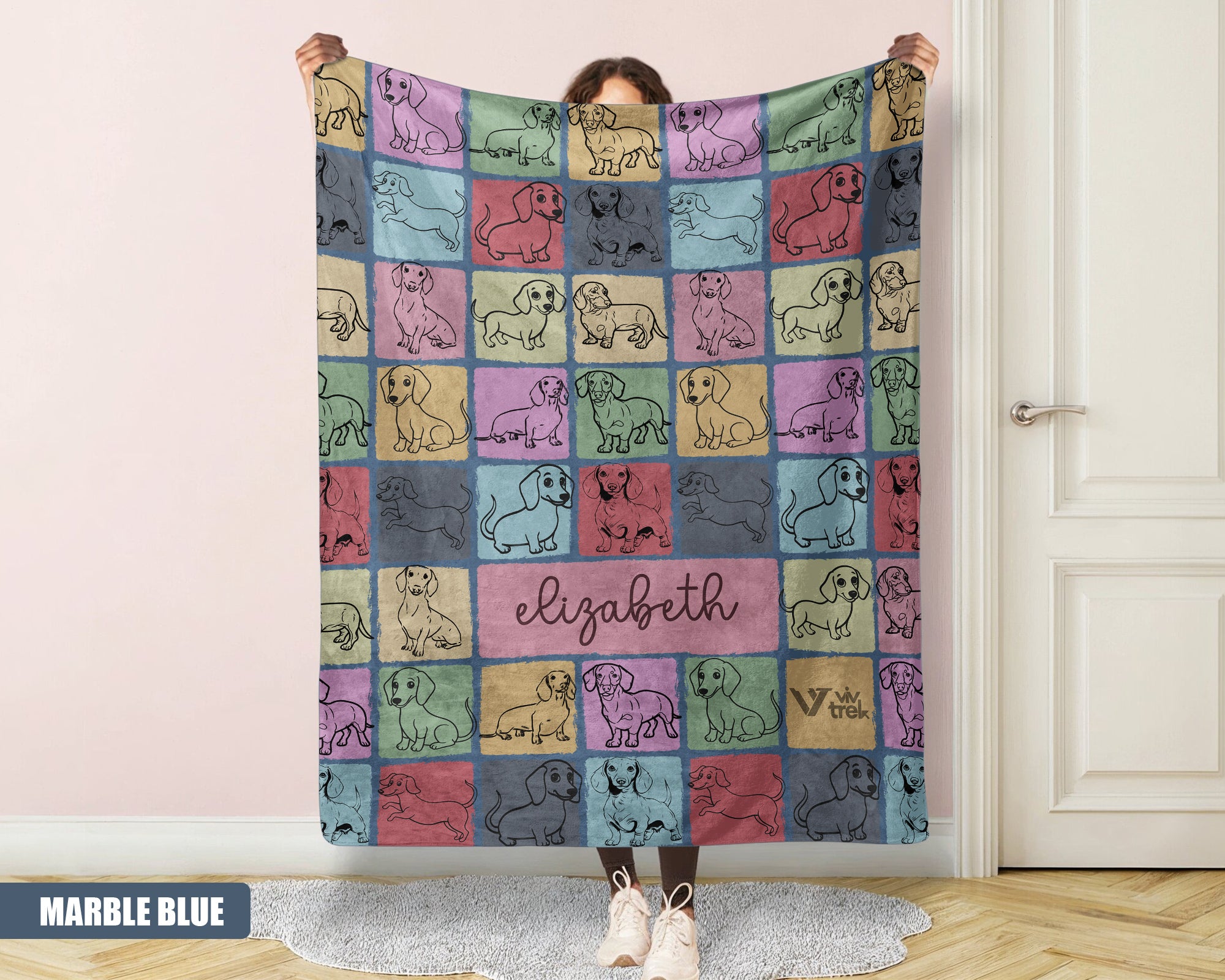 Custom Name Dachshund Blanket, Vintage Retro Dog Throw, Personalized Pet Gift
