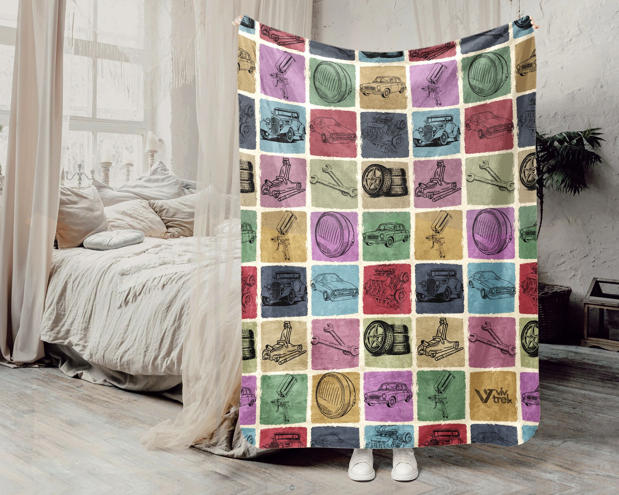 Vintage Classic Car Blanket Cozy Automotive Throw Soft Mechanic Decor Unique Vehicle Lover Gift for Garage Style