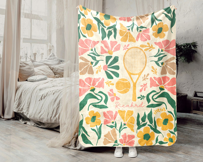 Custom Name Floral Tennis Player Blanket, Personalized Cozy Tennis Throw, Vintage Sports Graphic Gift for Teens Adults Kids