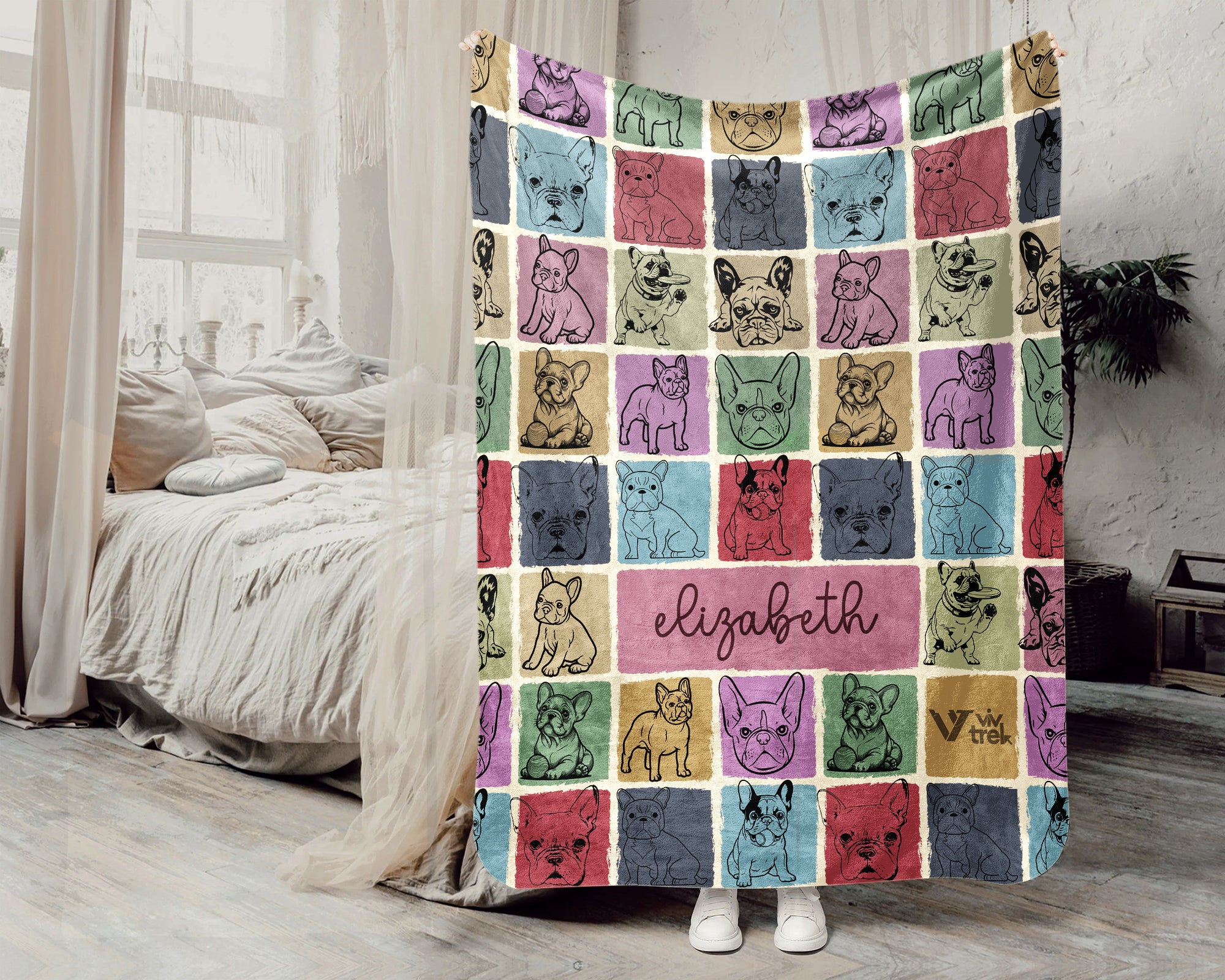 Personalized Name French Bulldog Blanket Custom Cozy Retro Dog Lover Throw Gift