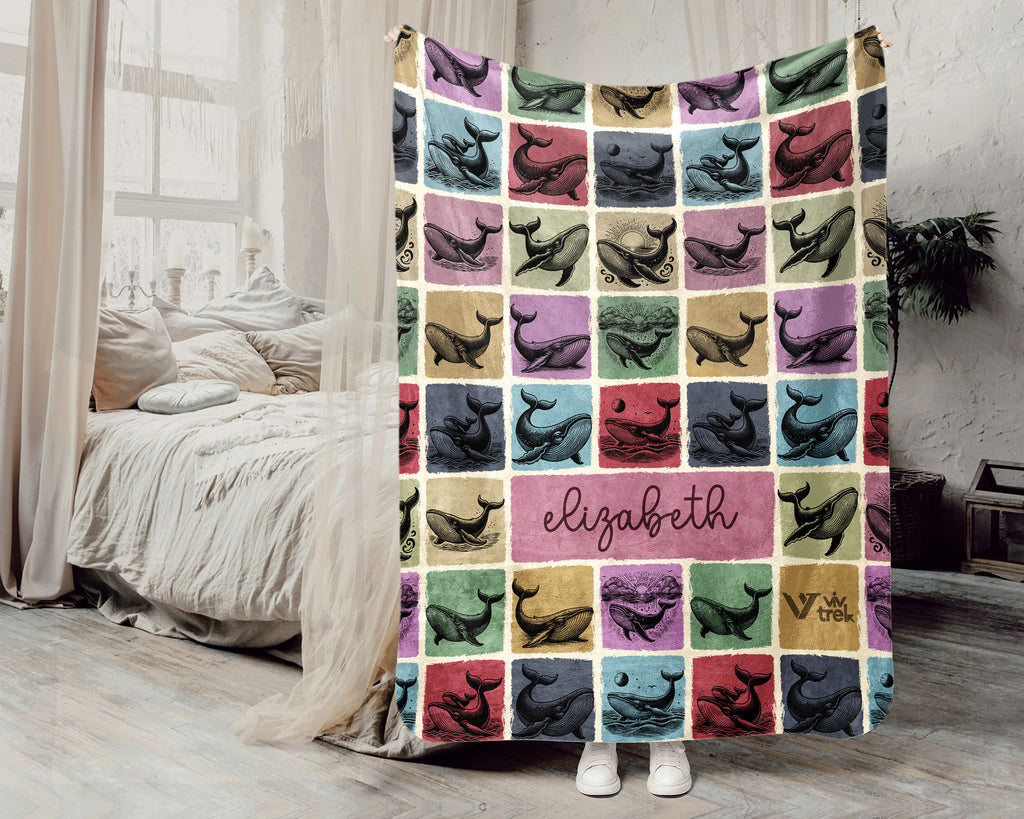 Custom Whale Blanket Personalized Name Ocean Throw Cozy Sea Life Decor Nautical Gift Coastal Home Accent Marine Animal Design