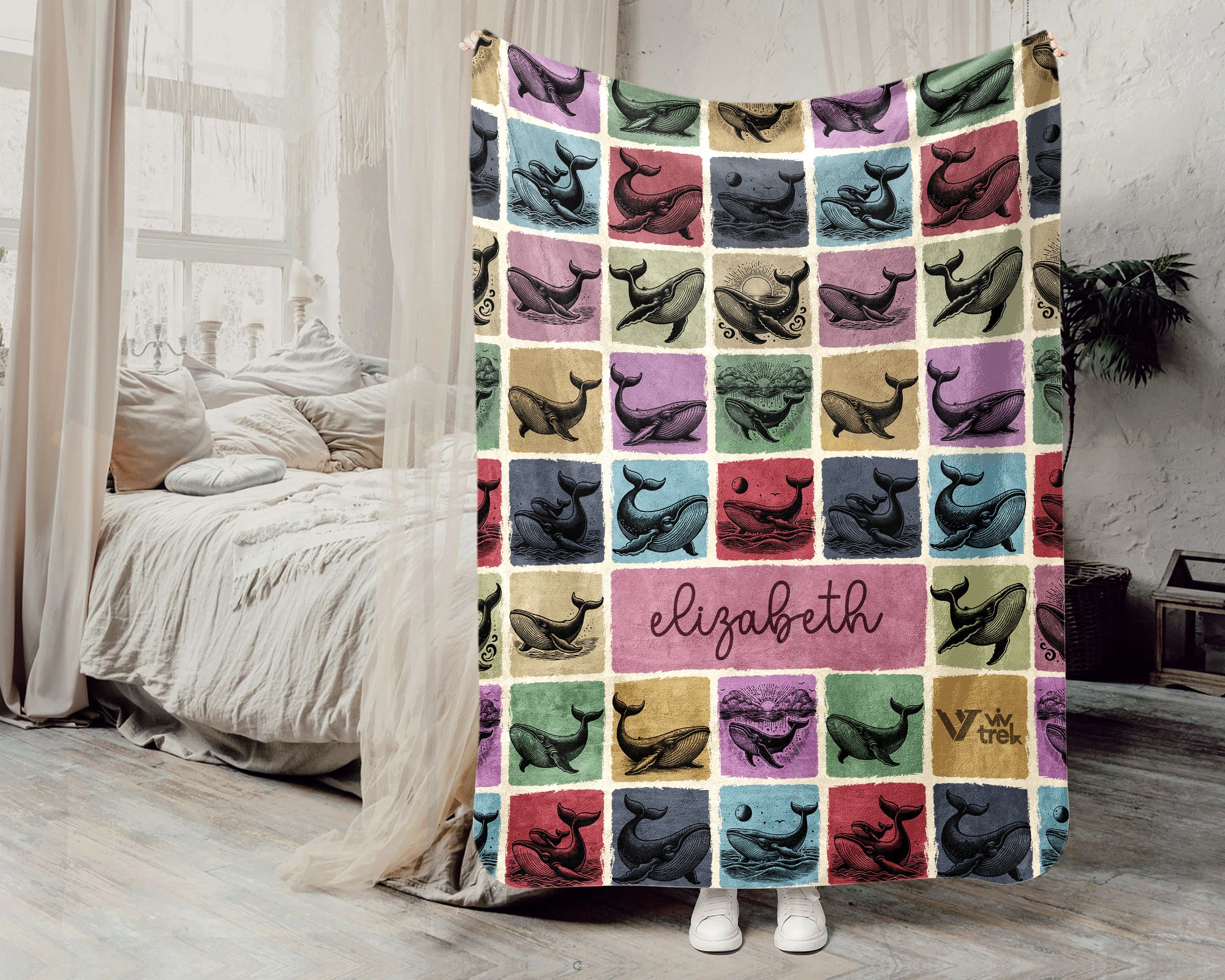 Custom Whale Blanket Personalized Name Ocean Throw Cozy Sea Life Decor Nautical Gift Coastal Home Accent Marine Animal Design