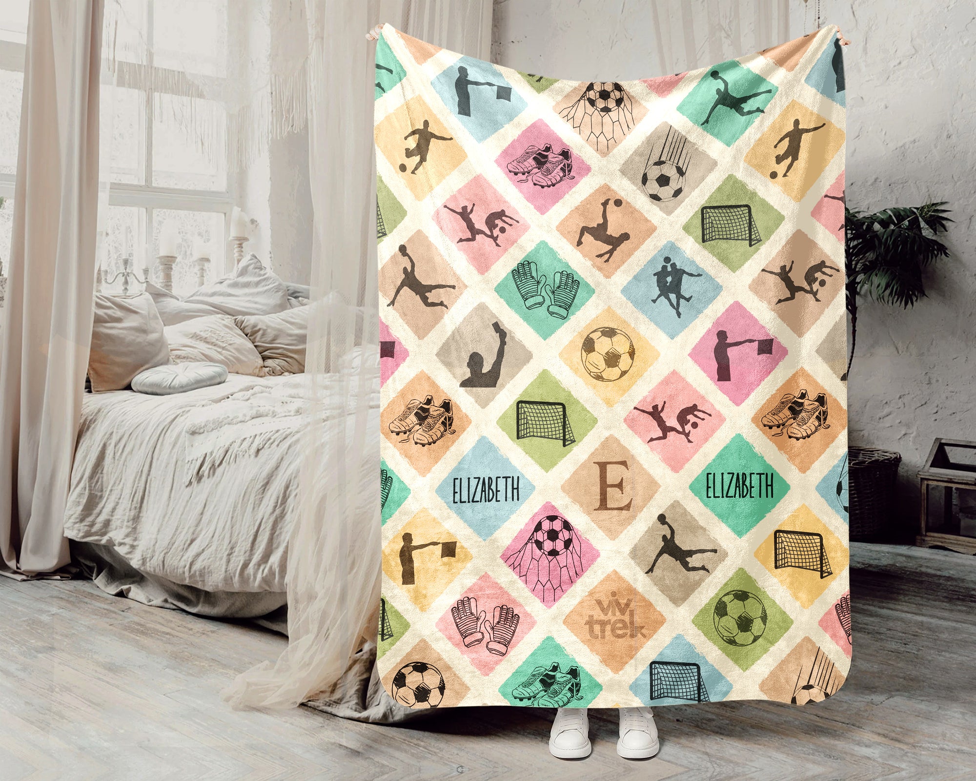 Custom Soccer Blanket, Personalized Name Soccer Throw for Boys and Girls, Vintage Unique Soccer Lover Gift, Cozy Sports Blanket