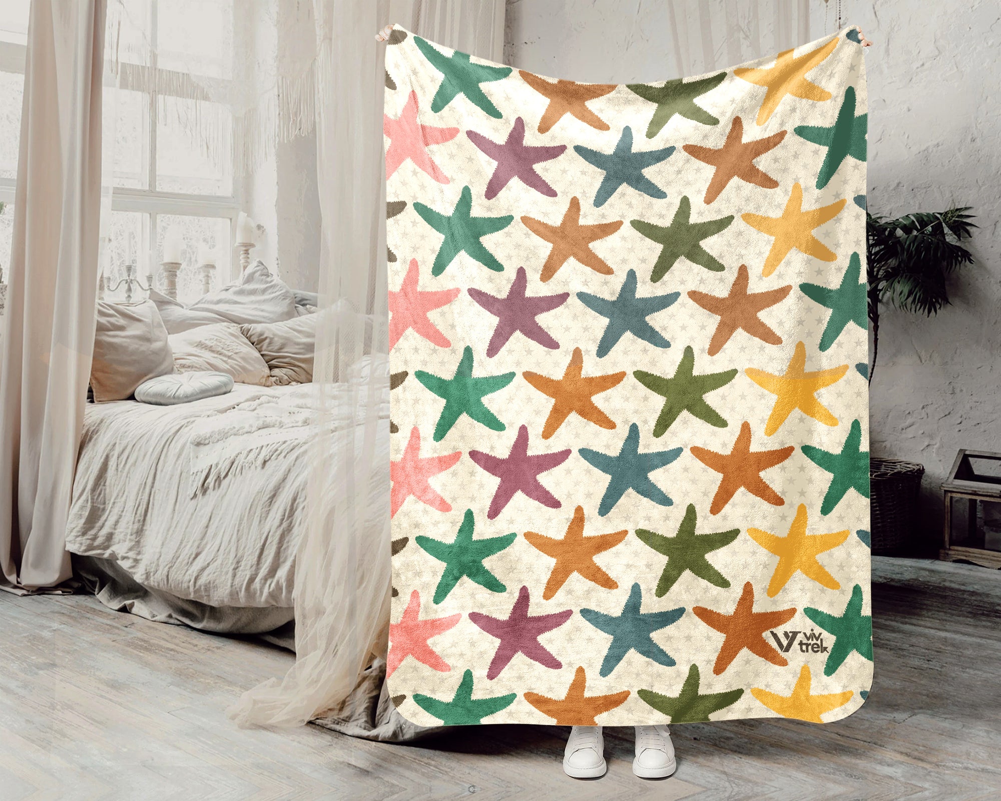 Retro Starfish Blanket Coastal Ocean Throw Vintage Sea Life Decor Cozy Beach Lover Gift Nautical Graphic Unique Home Accent