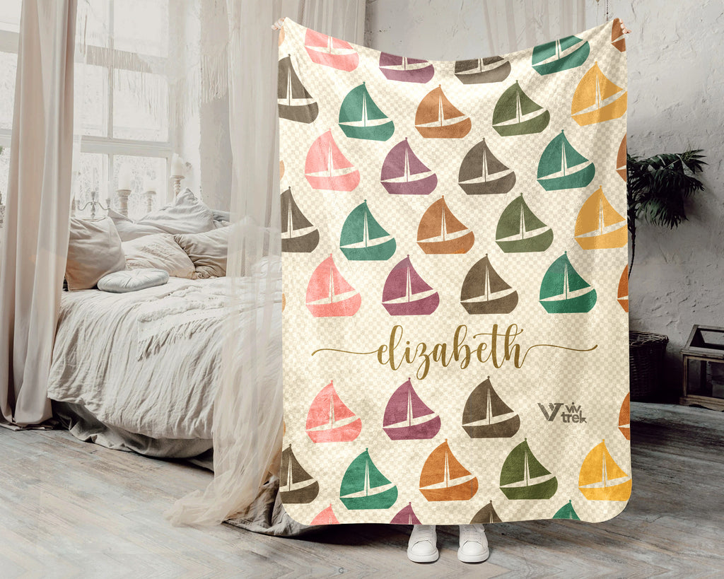 Custom Name Retro Sailing Blanket, Personalized Boat Throw for Nautical Lover Cabin Decor and Cozy Coastal Gifts