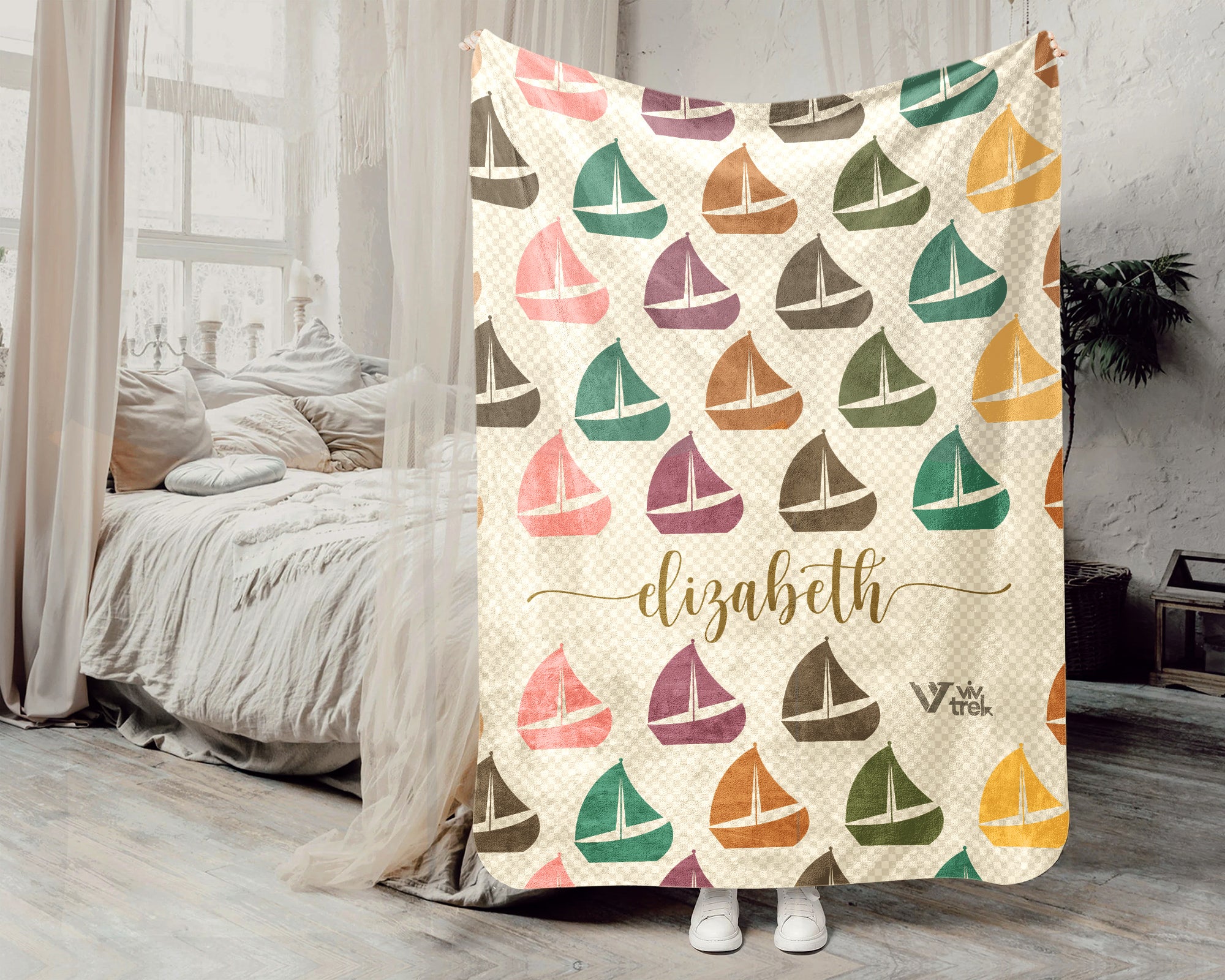 Custom Name Retro Sailing Blanket, Personalized Boat Throw for Nautical Lover Cabin Decor and Cozy Coastal Gifts