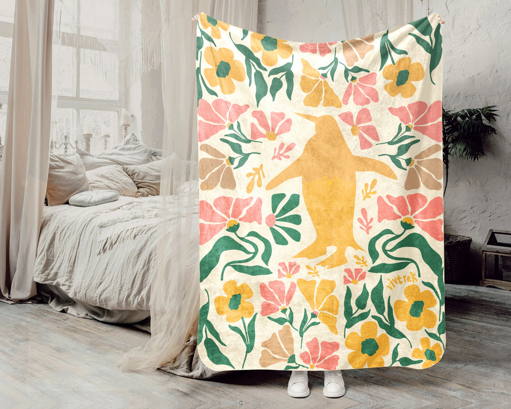Floral Penguin Blanket – Cozy Vintage Ocean Animal Throw Gift