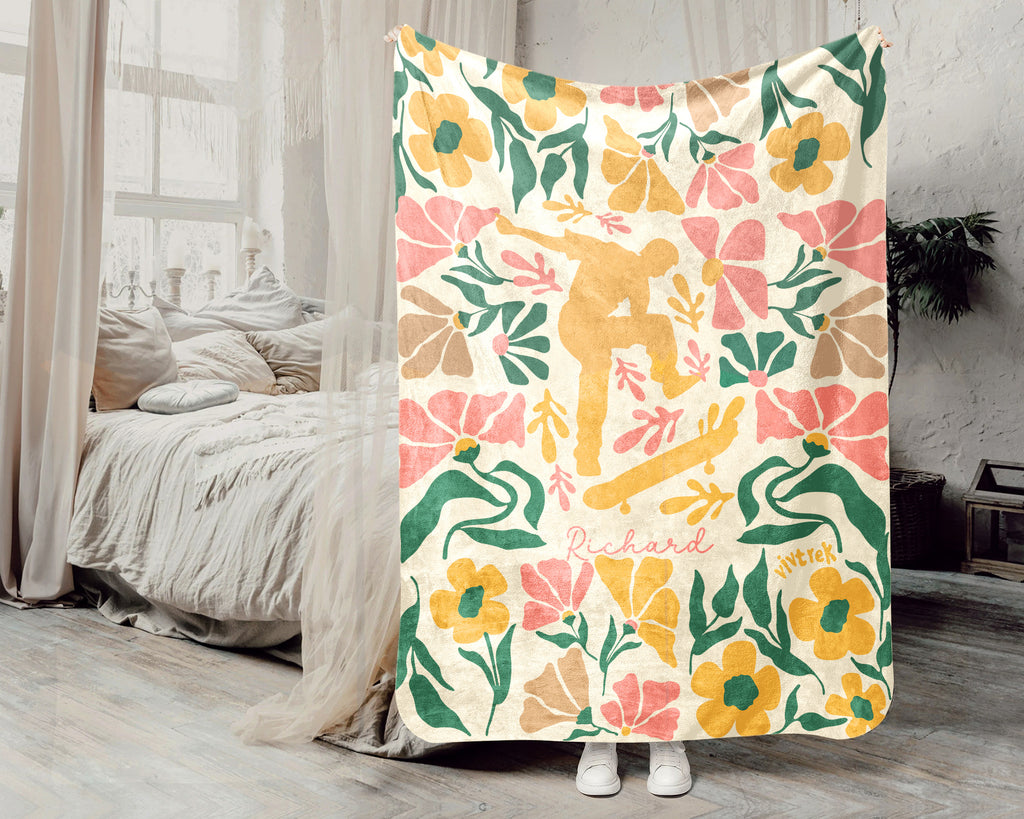 Personalized Name Skateboarding Floral Blanket, Custom Name Skater Throw, Cozy Cool Skateboard Gift for Skate Lovers