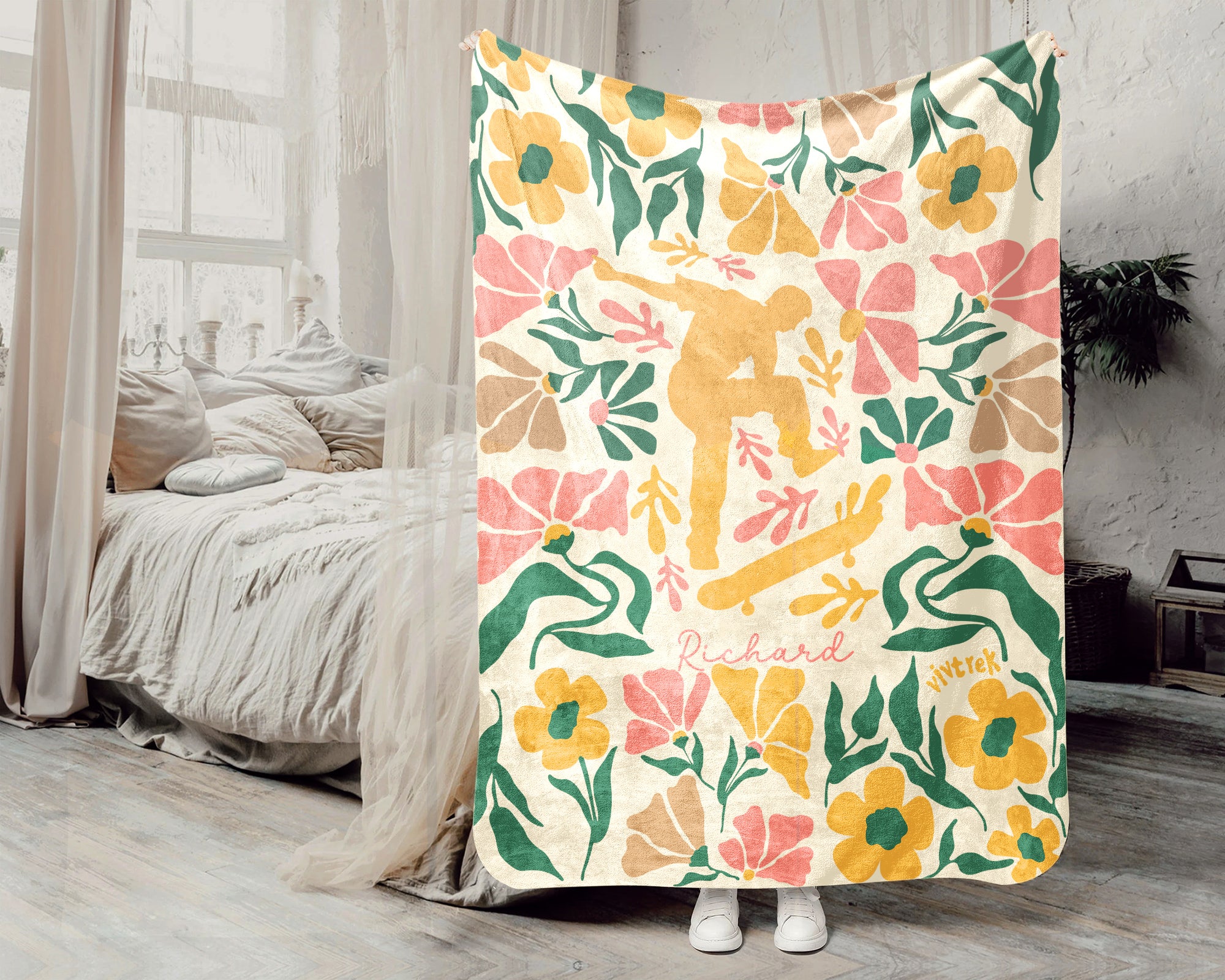 Personalized Name Skateboarding Floral Blanket, Custom Name Skater Throw, Cozy Cool Skateboard Gift for Skate Lovers
