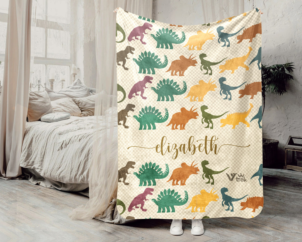 Personalized Dino Blanket Custom Name Prehistoric Animal Throw Retro Dinosaur Decor Cozy Gift Unique Home Accent Idea
