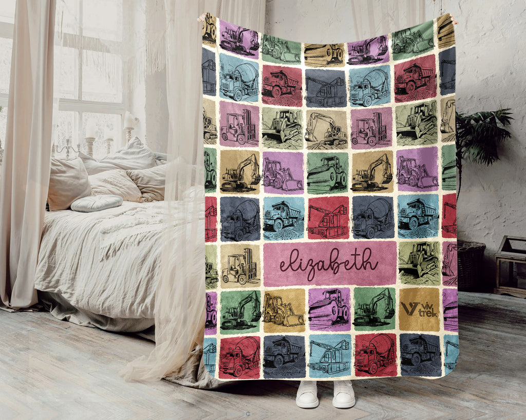 Custom Name Construction Blanket Personalized Excavator Throw, Cozy Builder Gift for Kids Boys, Truck Theme Room Decor
