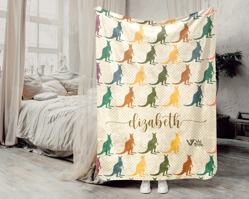 Personalized Kangaroo Blanket Custom Name Wildlife Throw Retro Animal Design Cozy Aussie Gift Unique Nature Home Decor Accent