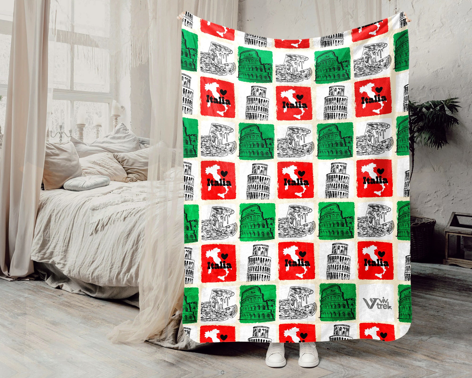 Retro Italy Blanket Throw with Italia Flag Design, Cozy Rome Venice Inspired Decor, Mediterranean Travel Lover Gift Blanket