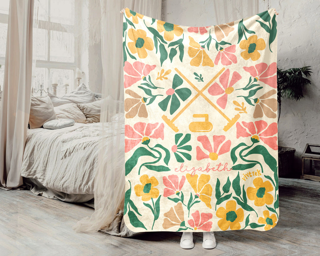 Floral Curling Blanket with Custom Name, Cozy Curling Throw Gift for Kids Teens Adults, Perfect Birthday Sports Present