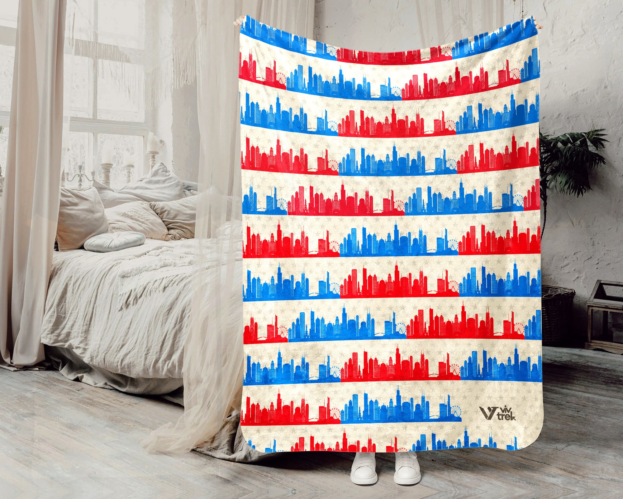 Retro Chicago City Map Blanket Throw, Cozy Windy City Decor, Skyline Design, Illinois Pride Gift, Urban Sofa Throw Blanket