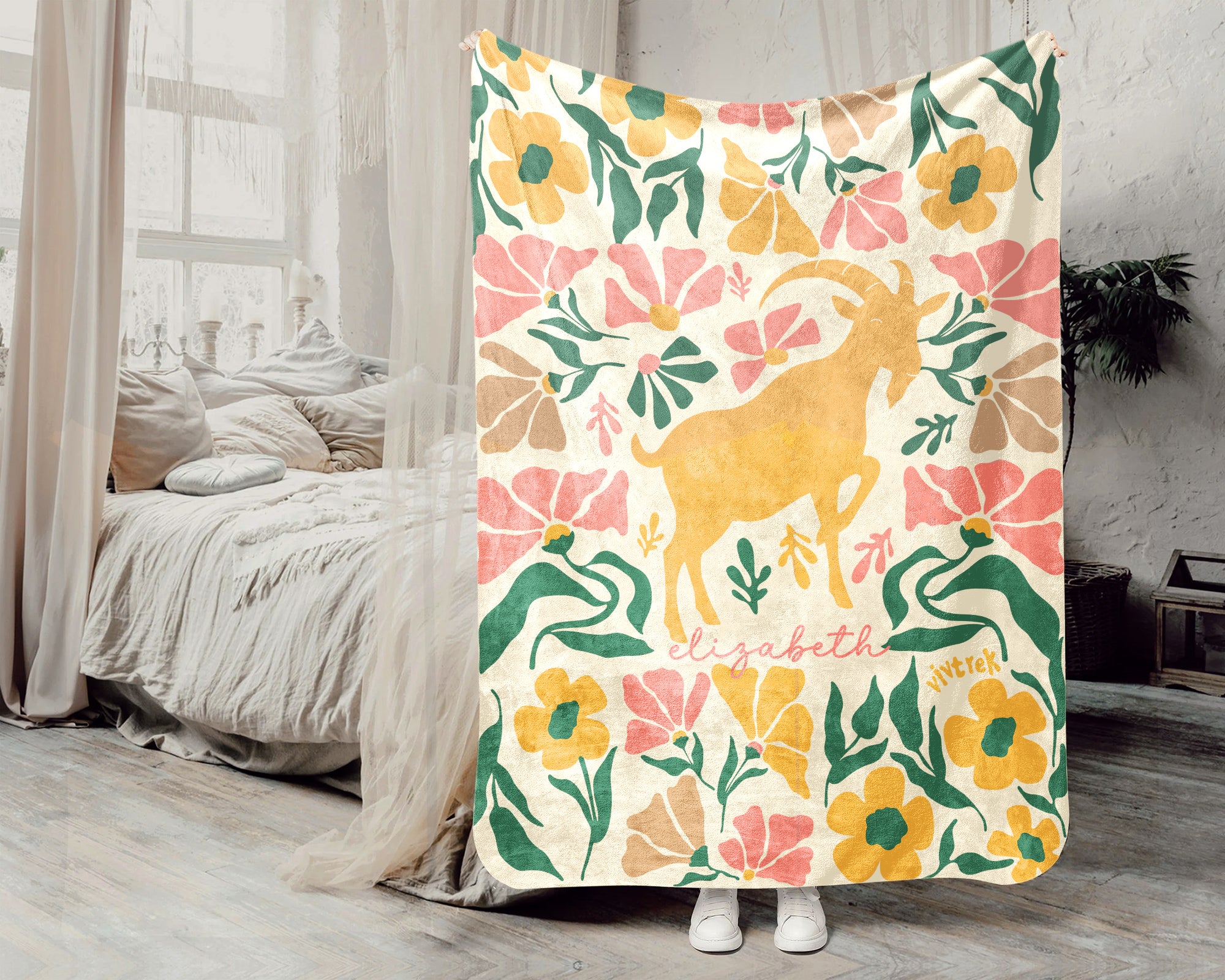 Personalized Floral Goat Blanket with Custom Name, Cozy Floral Goat Throw Gift for Kids Teens Adults, Farm Animal Lover Birthday Gift