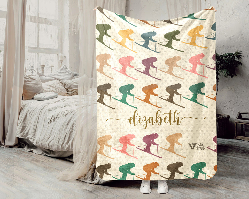 Custom Name Ski Lover Blanket Winter Sports Throw Cozy Personalized Gift Soft Snow Adventure Decor for Cabin Home
