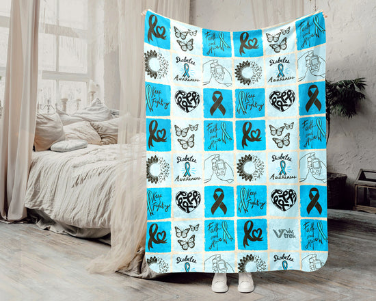 Diabetes Awareness Blanket for November, Cozy Blue Circle Ribbon Throw for Patients, Caregivers & Family, Battle Blankets Meaningful Support Gift