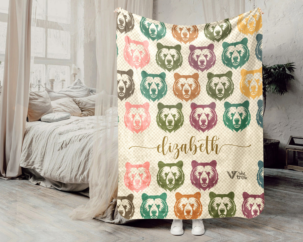 Custom Bear Blanket Personalized Name Retro Wildlife Throw Cozy Rustic Forest Decor Unique Animal Graphic Gift Home Accent