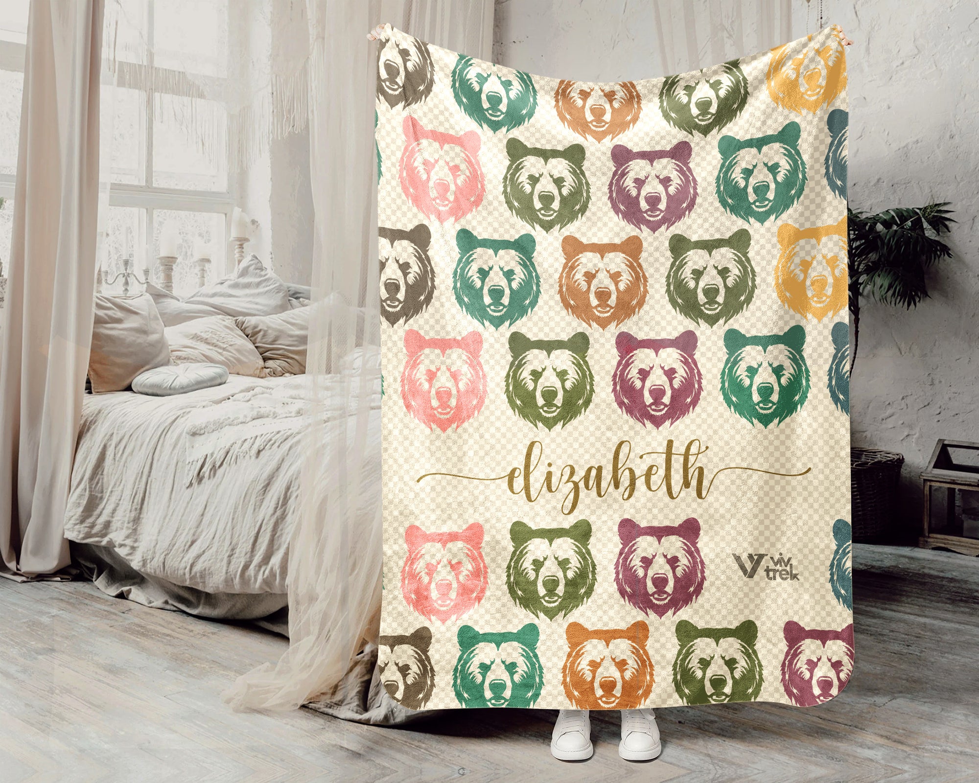 Custom Bear Blanket Personalized Name Retro Wildlife Throw Cozy Rustic Forest Decor Unique Animal Graphic Gift Home Accent
