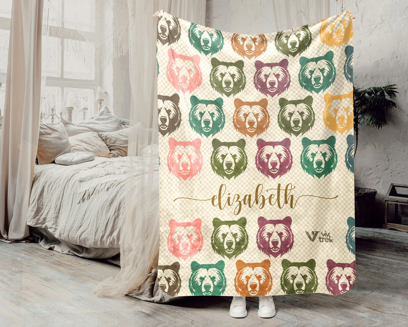 Custom Bear Blanket Personalized Name Retro Wildlife Throw Cozy Rustic Forest Decor Unique Animal Graphic Gift Home Accent